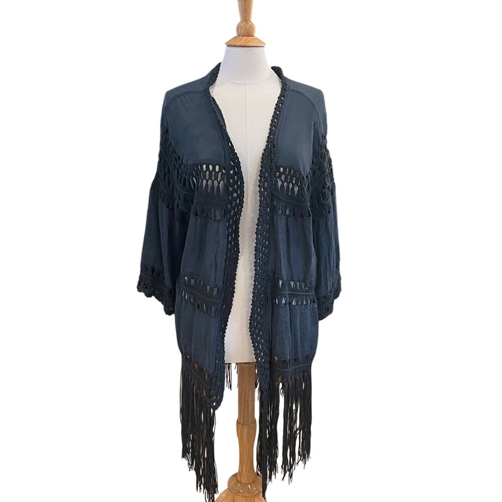 Do Everything In Love Navy Crochet Kimono, Cover-Up, Fringe, OS